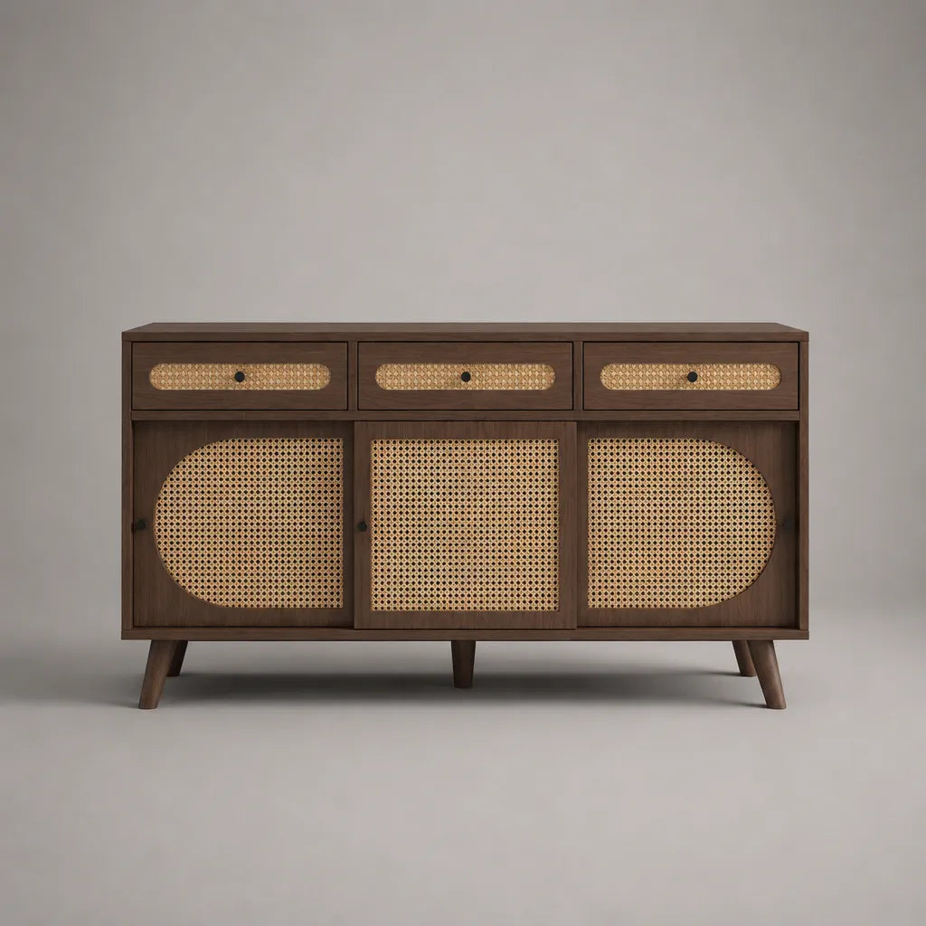 Sideboard mit 3 Schubladen und 3 Türen aus MDF mit Walnussfurnier und Rattangeflecht, Dunkelbraun/Natur/Schwarz, 150 × 40 × 85 cm