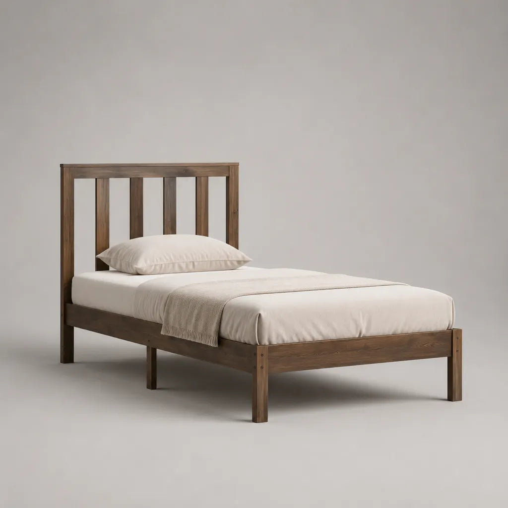 Einzelbett aus Holz mit Kopfteil und Lattenrost, Braun, Liegefläche 90 x 200 cm, Gesamtmaß 208 x 98 x 100 cm