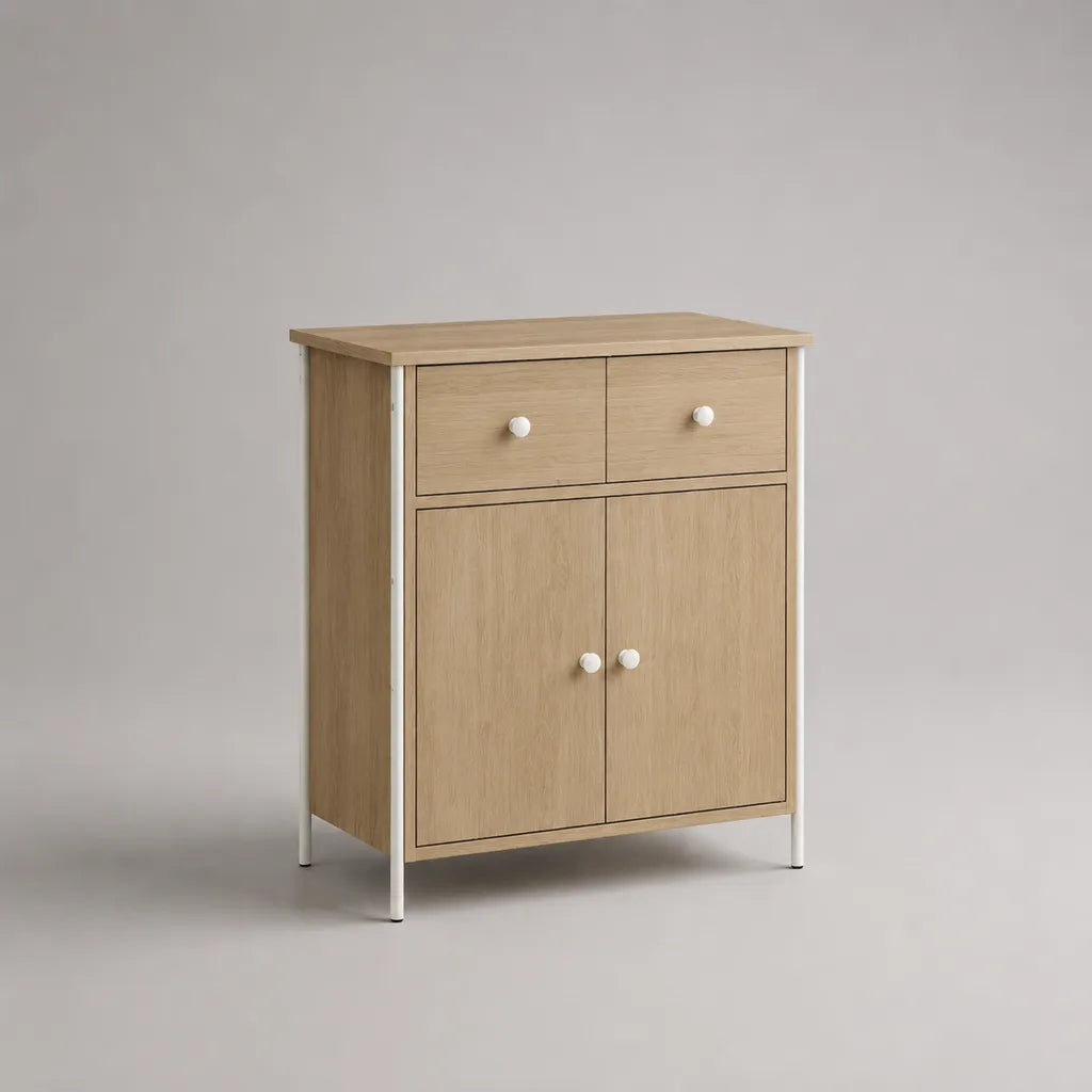 Sideboard aus Holzwerkstoff mit 2 Schubladen, 2 Türen und Stahlgestell, Eichenfarben/Weiß, 80 × 40 × 100 cm