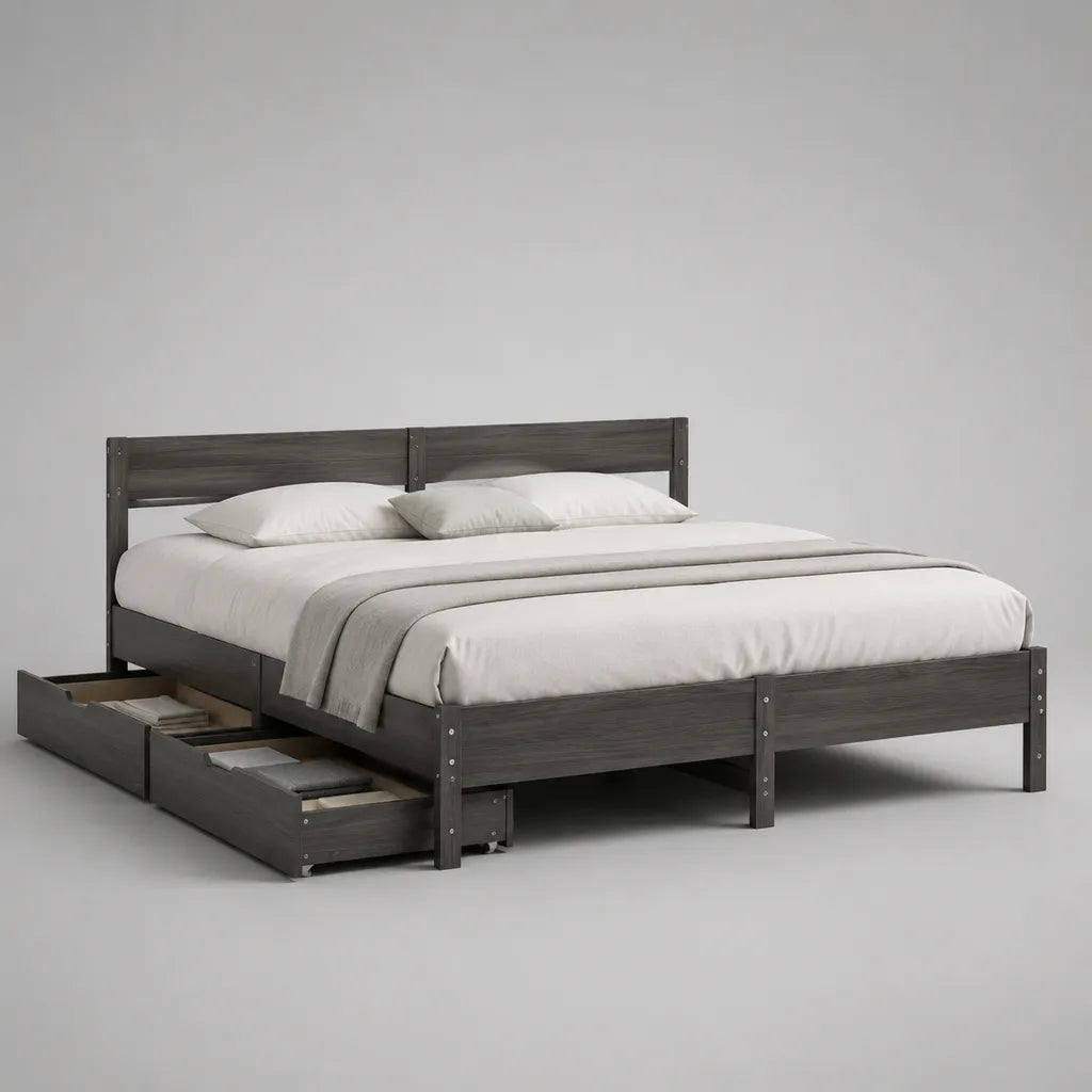 Doppelbett-Bettgestell aus massivem Kiefernholz mit 4 Schubladen, Grau, 188 x 208 x 100 cm, Liegefläche 180 x 200 cm