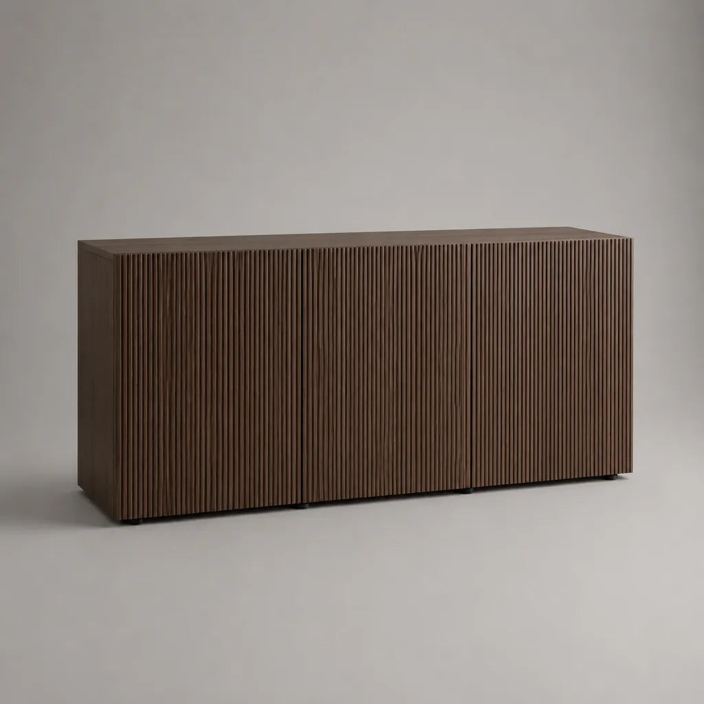 Sideboard mit 4 Türen aus MDF und Spanplatte, geriffelt, Walnussbraun, 180 × 40 × 80 cm