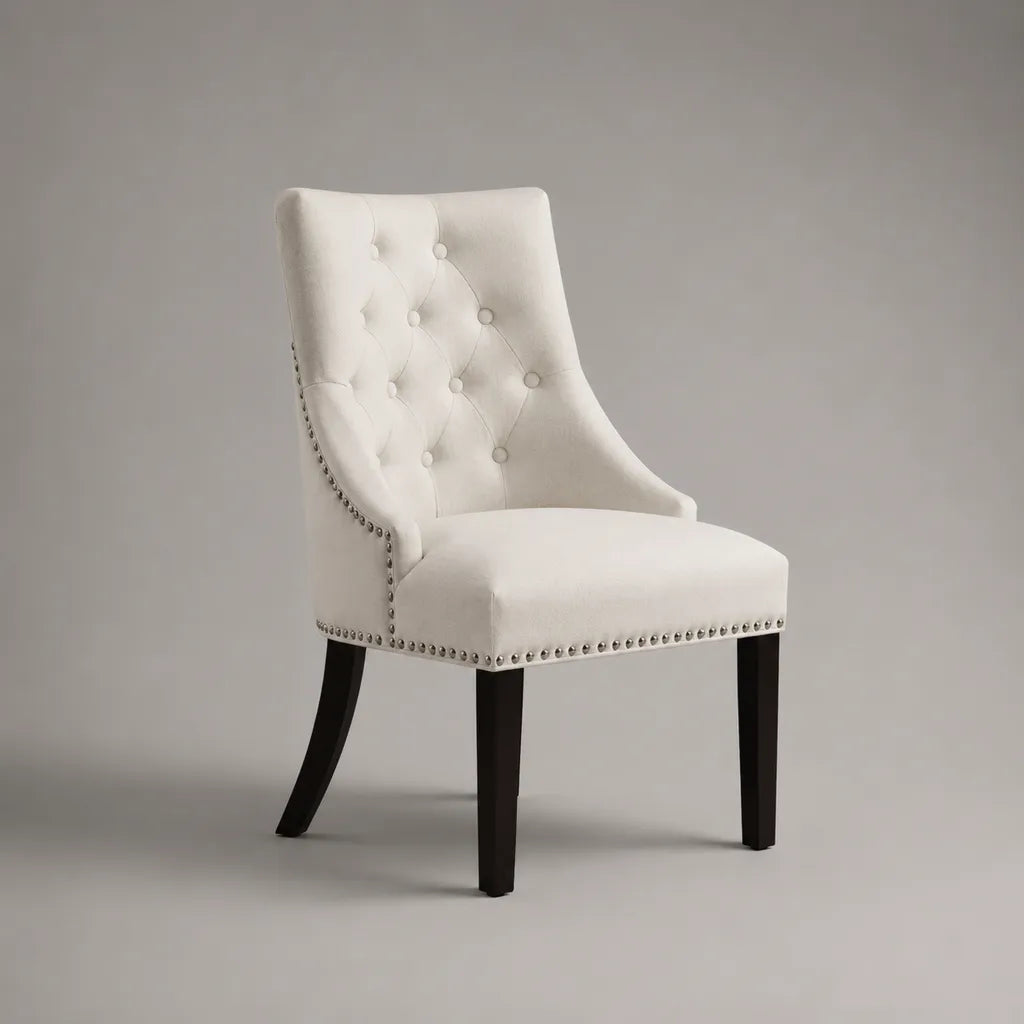 Esszimmerstuhl Polsterstuhl aus Polyester und Massivholz mit Knopfheftung, Creme/Schwarz, 58 × 65 × 94 cm