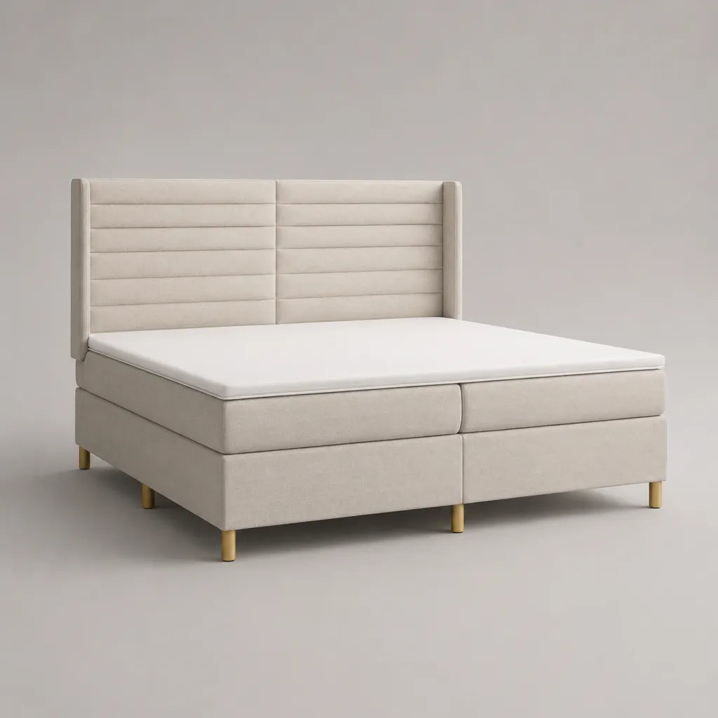 Boxspringbett-Set 180 × 200 cm mit Matratzen, Topper und Kopfteil, Polyester-Velours, Stahlfederkern, Beige und Goldfarben