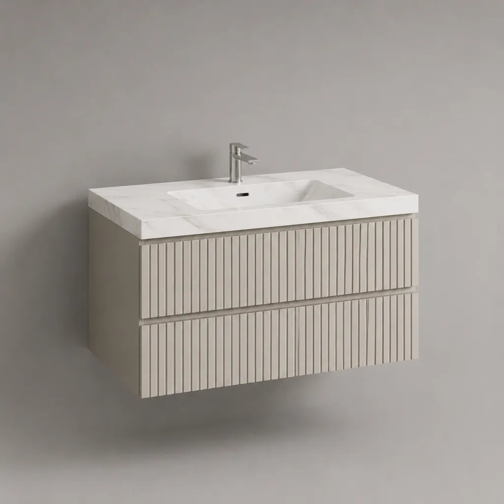 Wandhängender 2-teiliger Waschtischunterschrank mit Waschbecken aus MDF und Sanitärkeramik, Beige/Weiß-Hellgrau, 80 × 46 × 55 cm