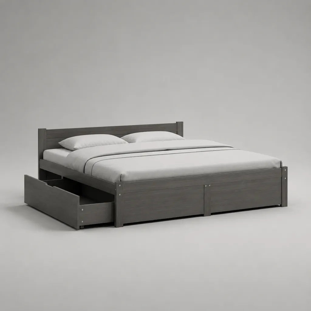 Doppelbett aus massivem Kiefernholz mit 2 Schubladen, Dunkelgrau, Liegefläche 160 × 200 cm