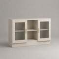Sideboard aus MDF und Glas mit 2 Glastüren und 2 offenen Fächern, Weiß, Goldfarben, 140 × 40 × 80 cm