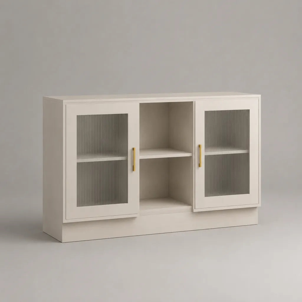 Sideboard aus MDF und Glas mit 2 Glastüren und 2 offenen Fächern, Weiß, Goldfarben, 140 × 40 × 80 cm