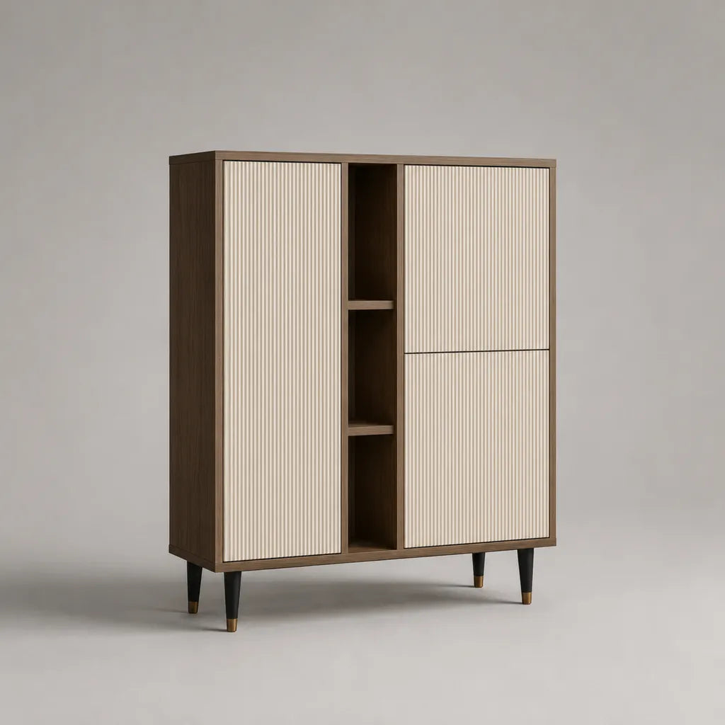 Highboard aus MDF und Spanplatte mit 3 Türen und 3 offenen Fächern, Braun und Beige, 120 × 40 × 145 cm