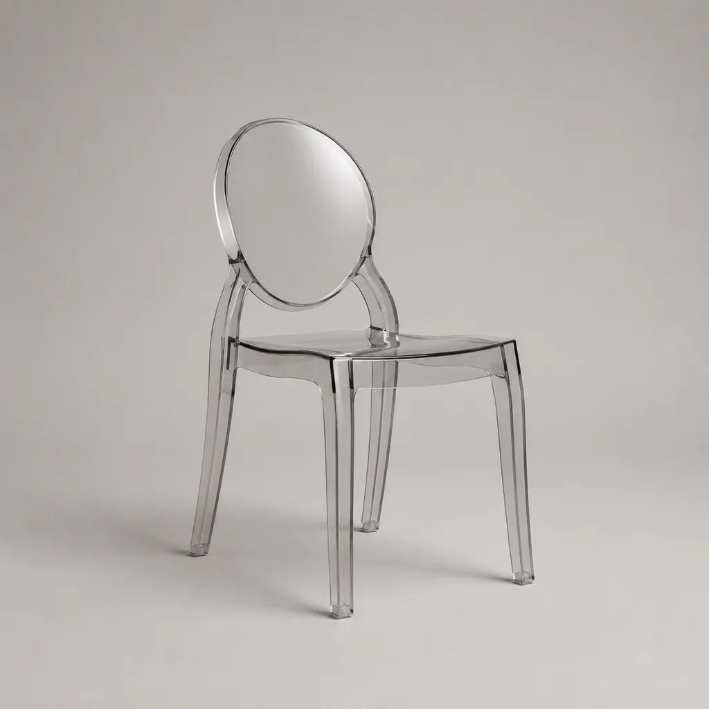 Esszimmerstuhl aus transparentem Polycarbonat mit ovaler Rückenlehne, 39 × 52 × 91 cm