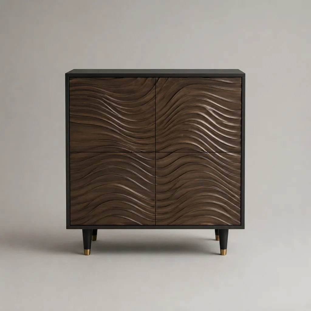 Highboard mit 4 Türen aus MDF und Holz, Walnussbraun und Schwarz, 90 × 40 × 105 cm