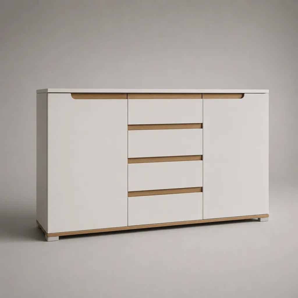 Sideboard aus melaminbeschichteter Spanplatte mit 2 Türen und 4 Schubladen, Weiß/Eiche natur, 160 × 40 × 90 cm