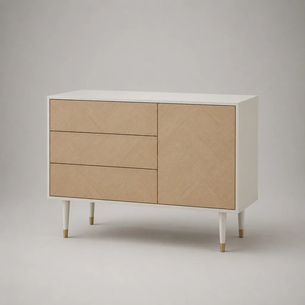 Sideboard aus MDF und Holz mit Eichenfurnier, 3 Schubladen und 1 Tür, Weiß/Natur, 120 × 40 × 80 cm
