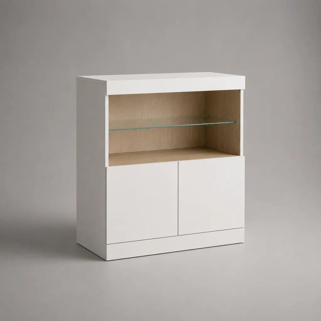 Sideboard mit 2 Türen und Glasablage aus melaminbeschichteter Spanplatte, Weiß und Eiche hell, 90 × 40 × 110 cm