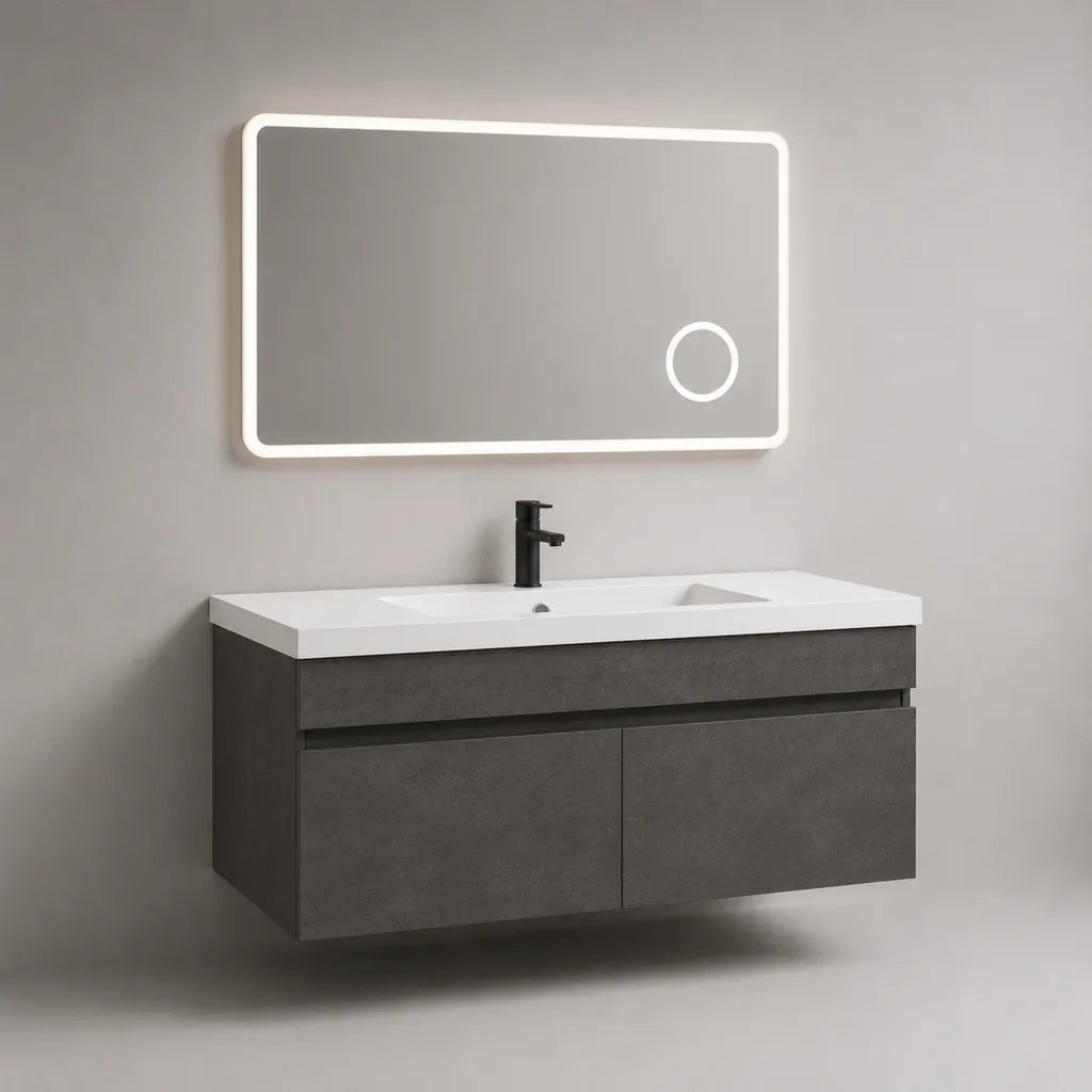 Dreiteiliges Badmöbel-Set mit MDF-Waschtischunterschrank, Keramikwaschbecken und LED-Spiegel, Betongrau/Weiß/Silber, 100 × 46 × 55 cm