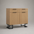 Sideboard mit 2 Türen und 2 Schubladen aus MDF mit Eichenfurnier und Stahl, Eiche Natur/Schwarz, 100 × 40 × 100 cm