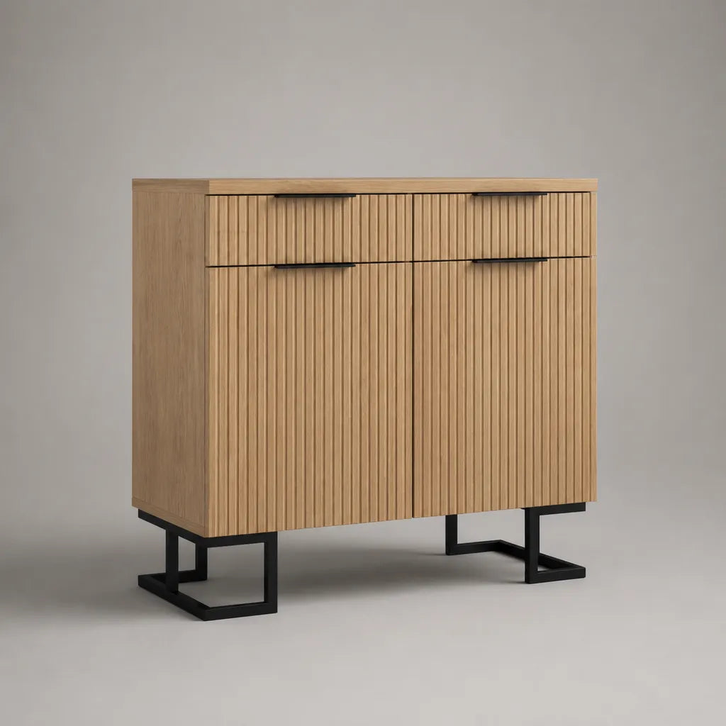 Sideboard mit 2 Türen und 2 Schubladen aus MDF mit Eichenfurnier und Stahl, Eiche Natur/Schwarz, 100 × 40 × 100 cm