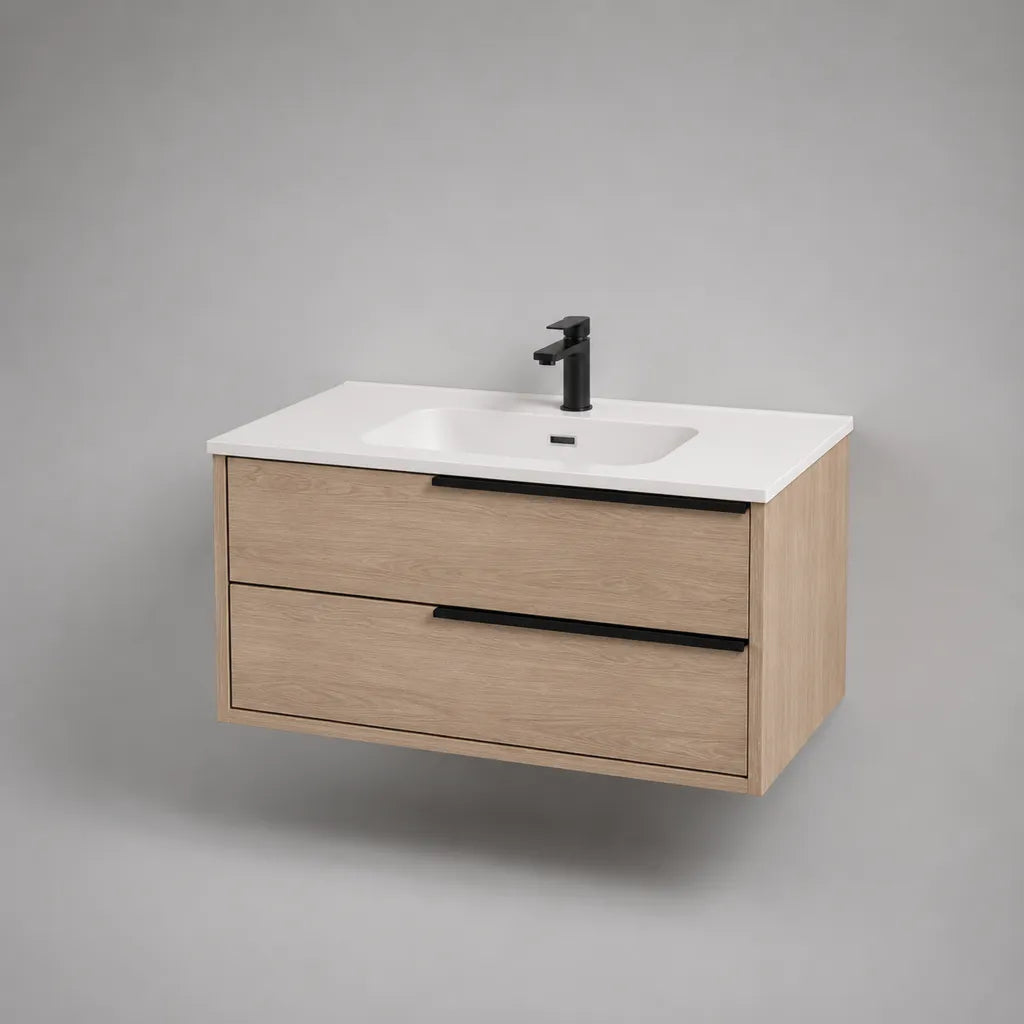 Wandhängendes Waschtischunterschrank-Set aus MDF mit Keramikwaschbecken und Einhebelarmatur, Eiche hell, Weiß und Schwarz, 80 × 46 × 55 cm