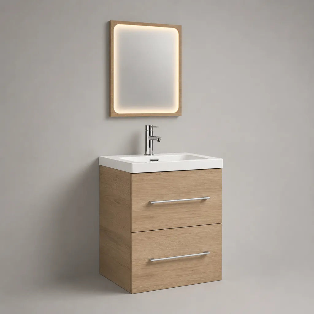 3-teiliges Waschtisch-Set mit Keramikwaschbecken, LED-Spiegel und MDF-Unterschrank, Eichefarben/Weiß, 61 x 46 x 65 cm