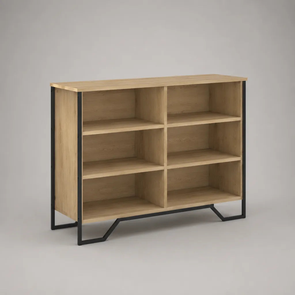 Sideboard mit 6 offenen Fächern aus Spanplatte und Stahl, Eichefarben/Schwarz, 120 × 35 × 90 cm