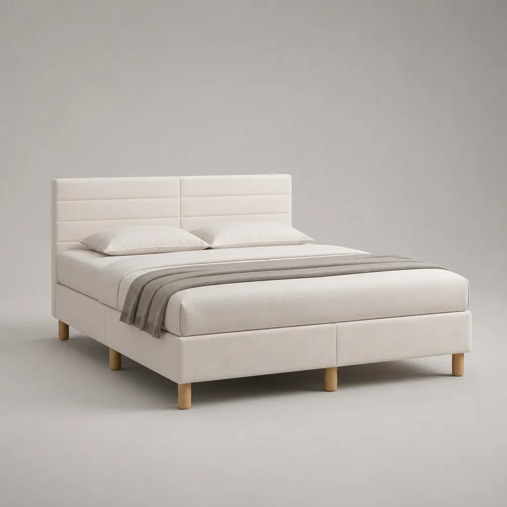 Polsterbett Bettgestell 160 × 200 cm mit Polyesterbezug und gepolstertem Kopfteil, Creme