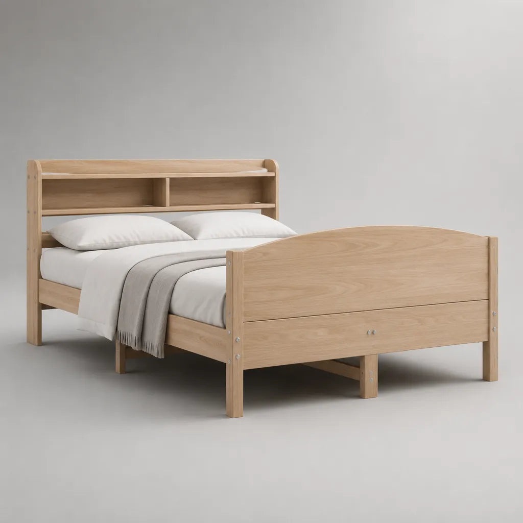 Doppelbett-Bettgestell aus Kiefernholz und MDF mit Regal-Kopfteil, Natur, Liegefläche 140 × 200 cm